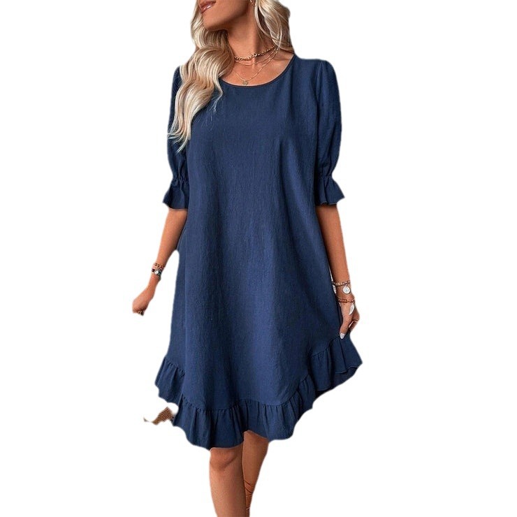 Retro-Kleid aus Baumwollleinen, halblangen Ärmeln, Rundhalsausschnitt, einfarbig, locker ausgestellt