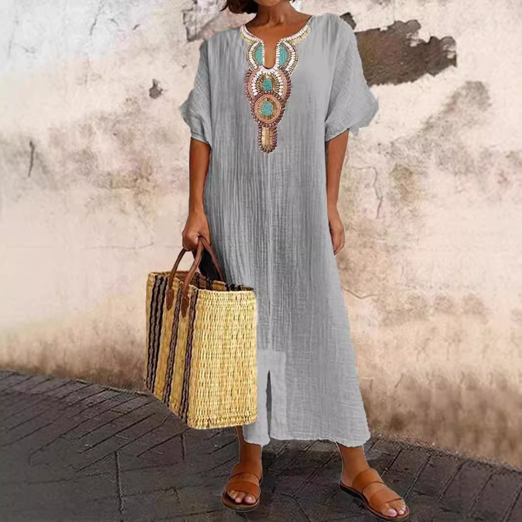 Boho-besticktes Kaftan-Maxikleid für Damen aus Leinenmischung