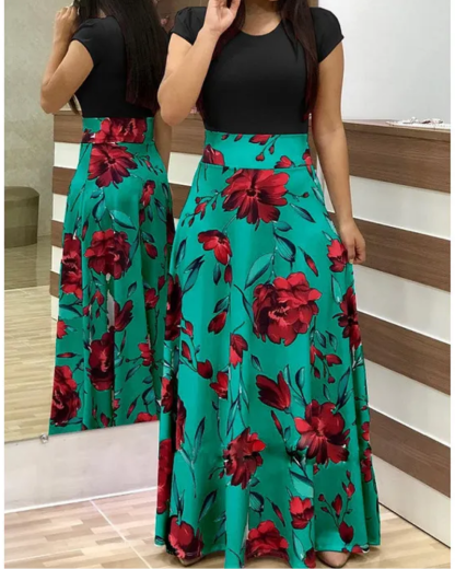 Damenkleid mit Blumenmuster und Farbblockdesign