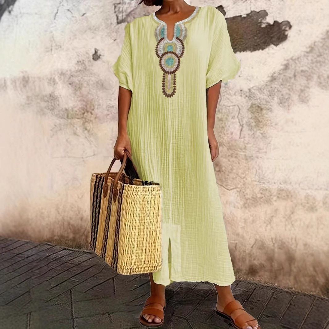 Boho-besticktes Kaftan-Maxikleid für Damen aus Leinenmischung