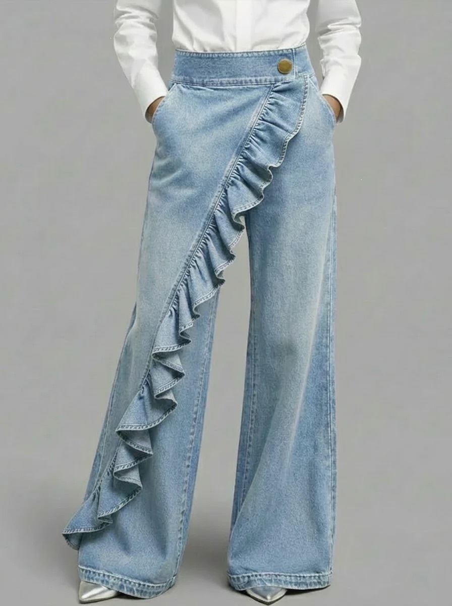 Damen Rüschenbesatz Hohe Taille Weites Bein Jeans