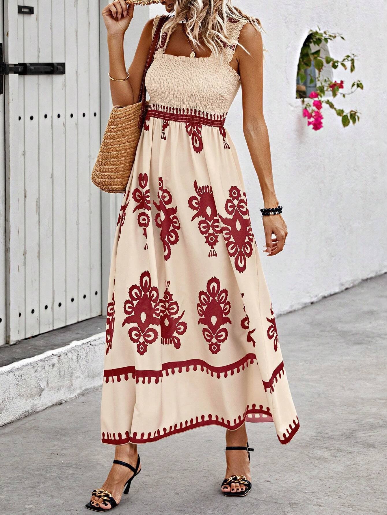 Boho-Maxikleid für Damen mit Blumenmuster und Smokdetails