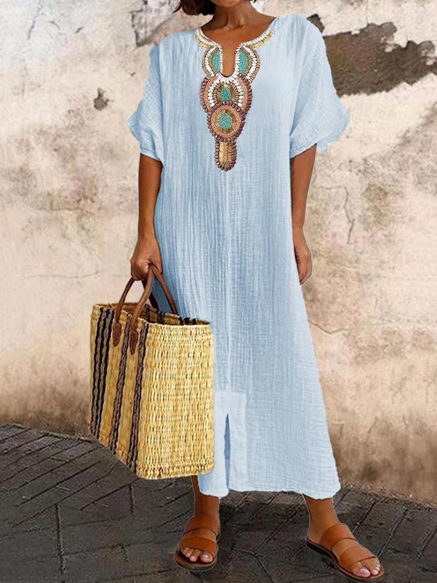 Boho-besticktes Kaftan-Maxikleid für Damen aus Leinenmischung