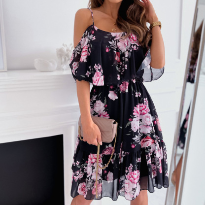 Sexy Chiffonkleid mit Print und schulterfreiem Ausschnitt