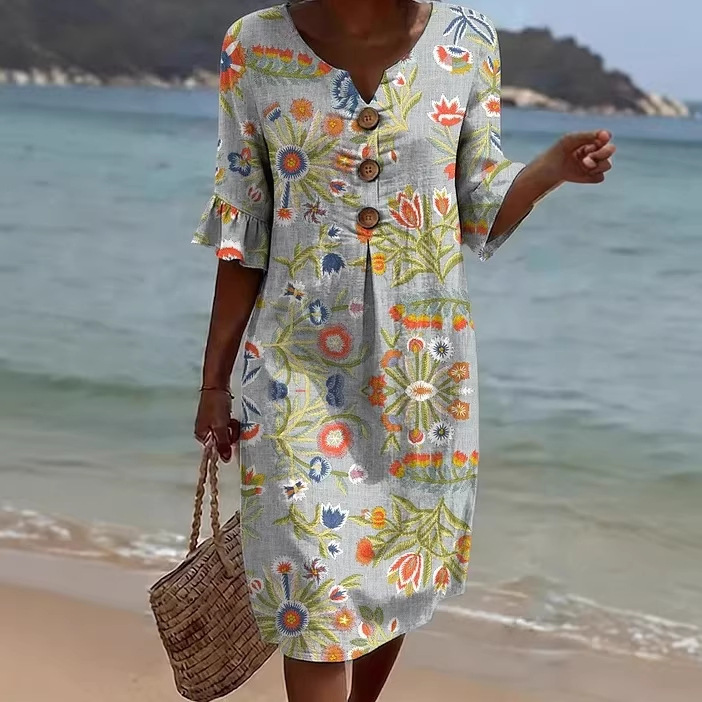 Damen Blumenprint-Kleid aus Leinenmischung