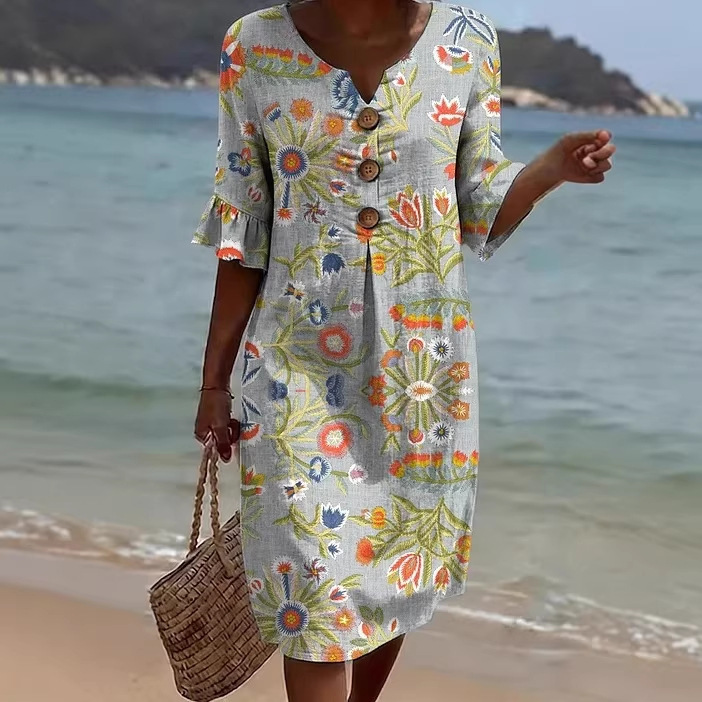 Damen Blumenprint-Kleid aus Leinenmischung