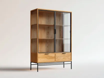 Vitrine - bois-verre-métal - 100x45x175 cm - bois naturel-noir - style moderne-Pinemybase