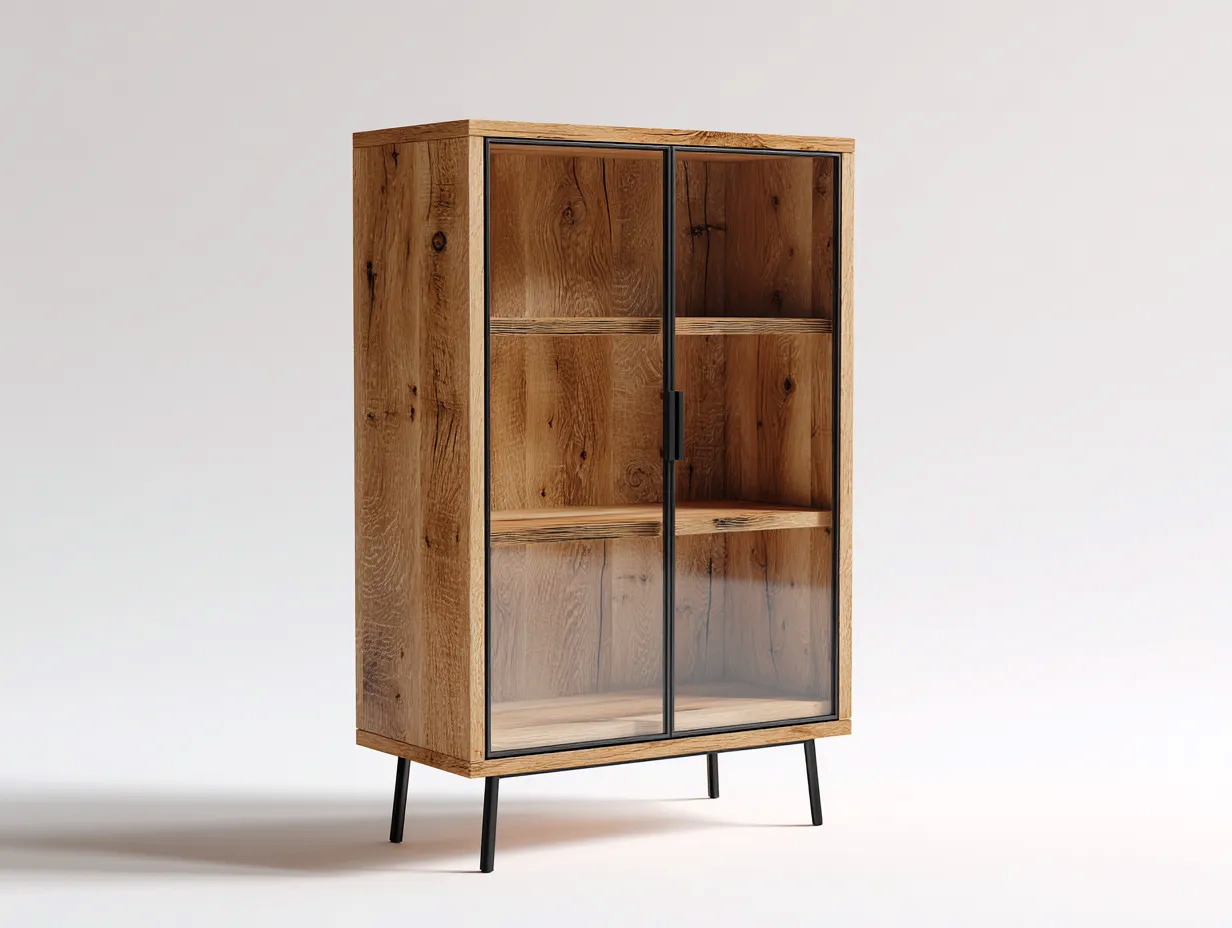 Vitrine - bois-verre-métal - 88x42x162 cm - bois naturel-noir - style moderne-Pinemybase