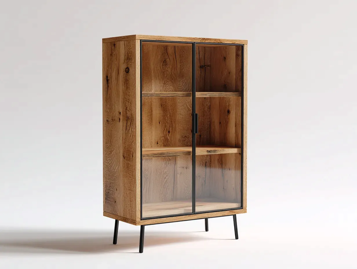 Vitrine - bois-verre-métal - 88x42x162 cm - bois naturel-noir - style moderne-Pinemybase