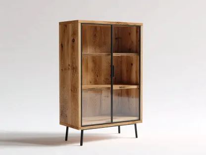 Vitrine - bois-verre-métal - 88x42x162 cm - bois naturel-noir - style moderne-Pinemybase