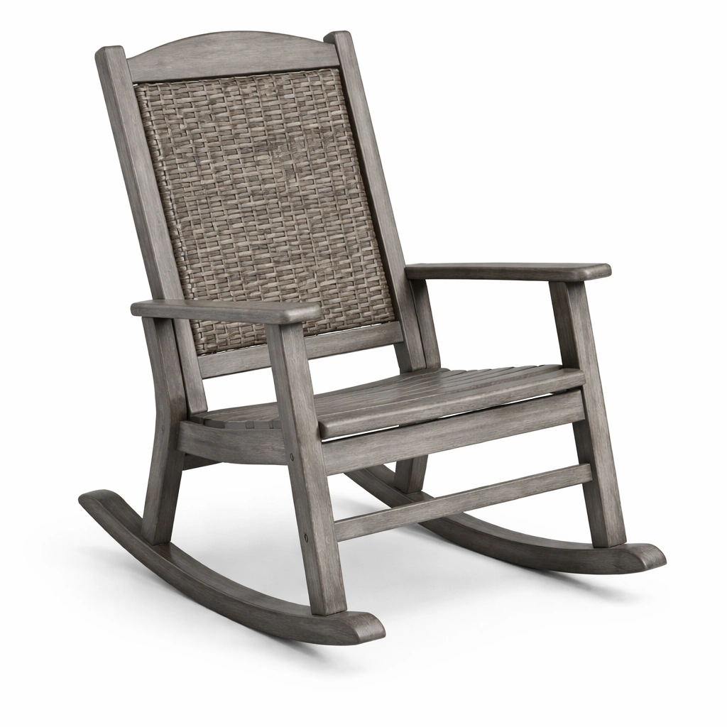 Sedia a dondolo in legno con schienale in rattan sintetico grigio