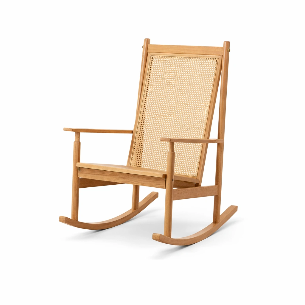 Sedia a dondolo in legno di quercia e rattan