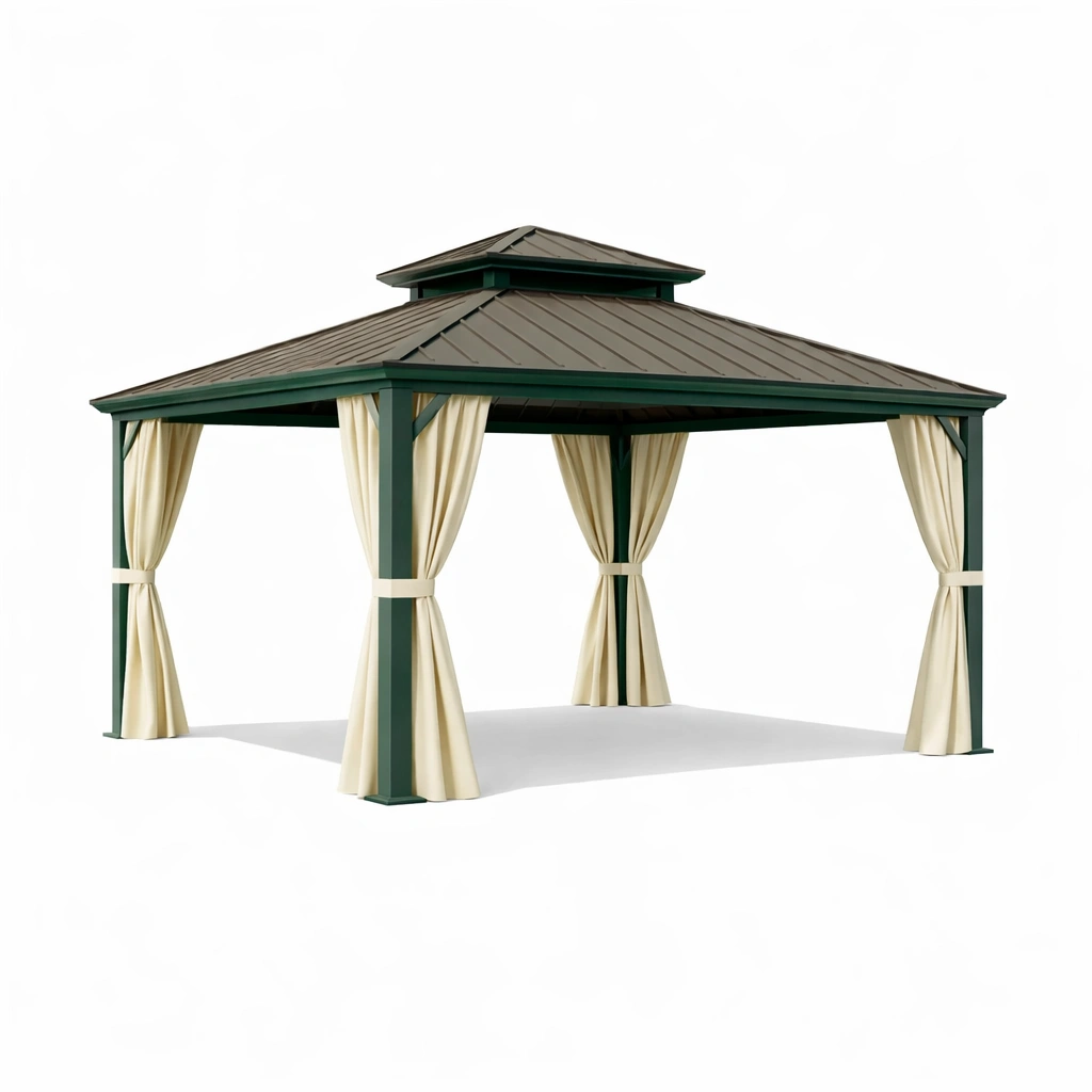 Gazebo in metallo con tetto in acciaio e tende in tessuto