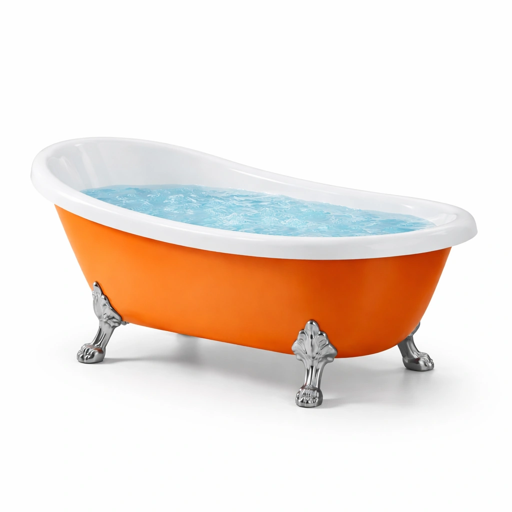 Vasca da bagno indipendente in acrilico arancione con supporti cromati