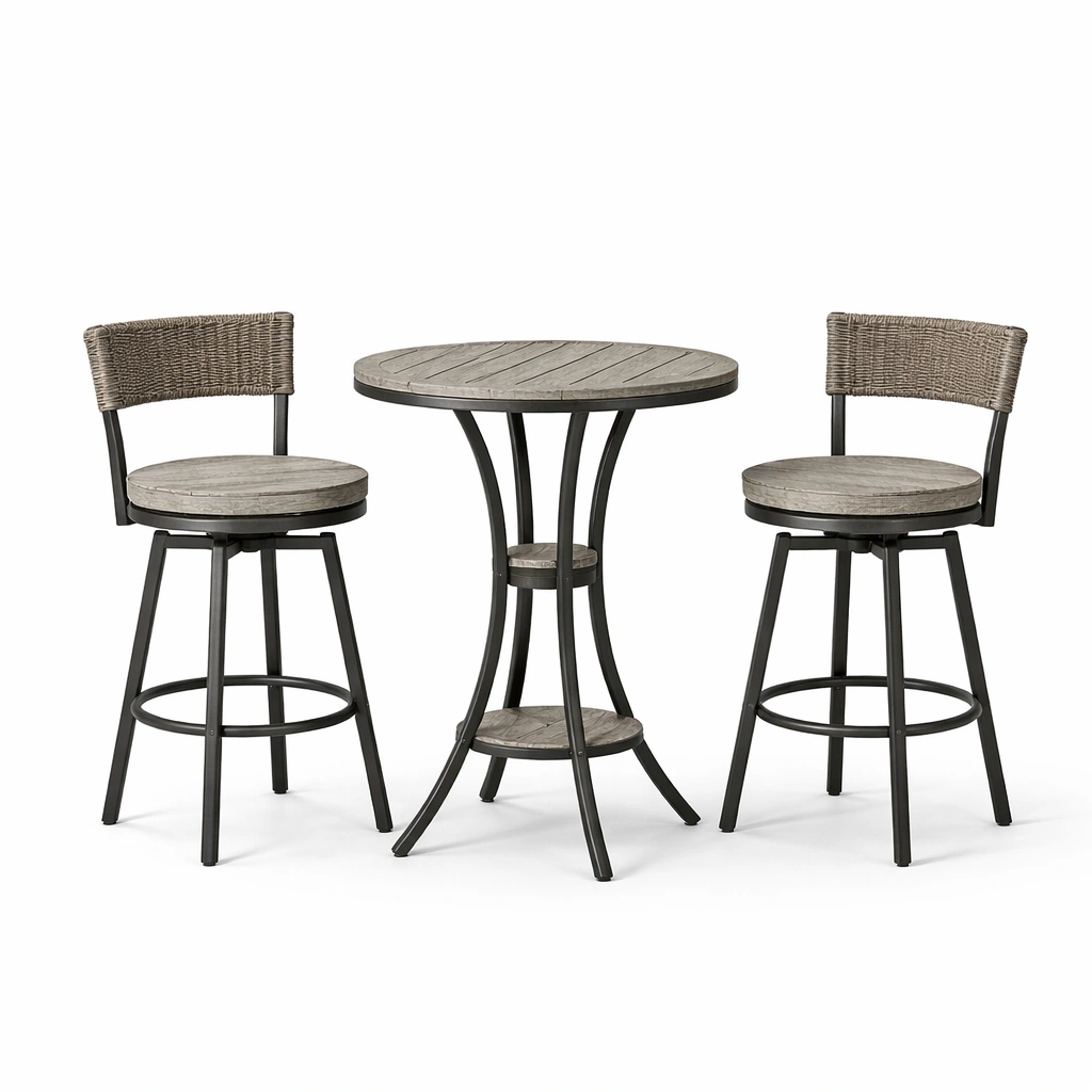 Set bar tavolo rotondo in legno composito e sedie rattan sintetico