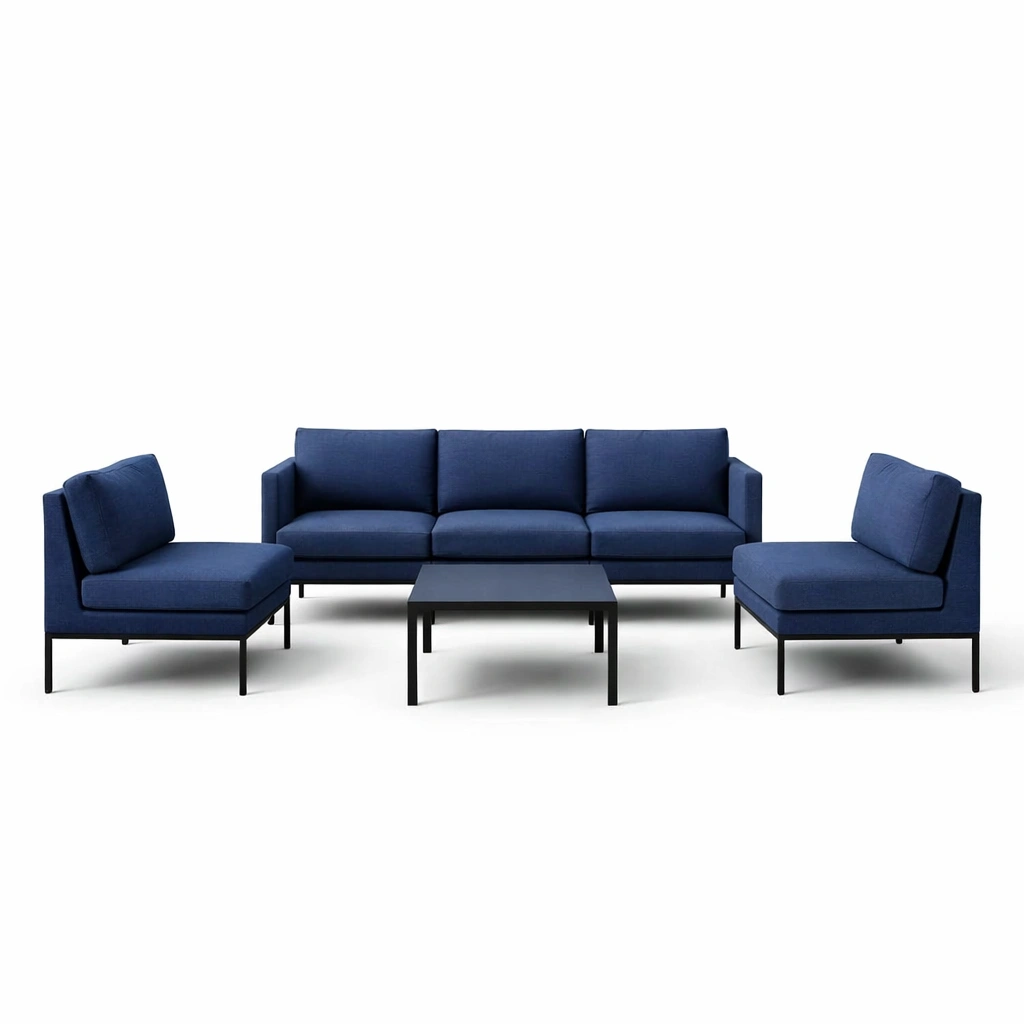 Set di divani in tessuto blu con tavolino