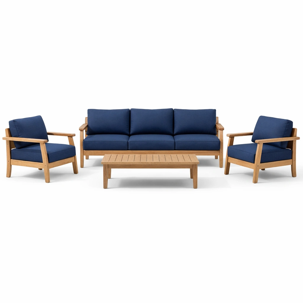 Set di divani da giardino in legno e poliestere blu con tavolino