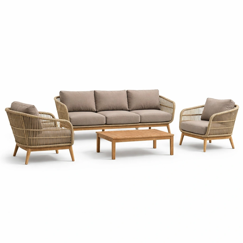 Set di divani da esterno in legno e rattan con cuscini grigio beige