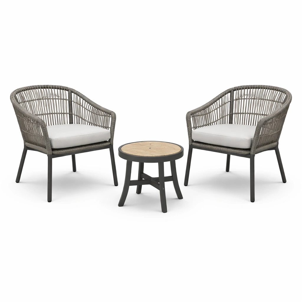 Set da relax piccolo con sedie in metallo e rattan e tavolino in metallo e legno