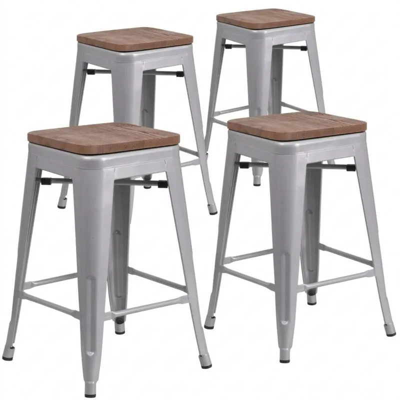 4-teiliges Hocker-Set aus Stahl mit Kiefernsitzen