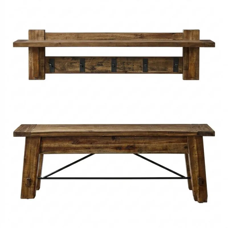 Set aus dunkler Massivholz-Garderobenbank und Wandregal