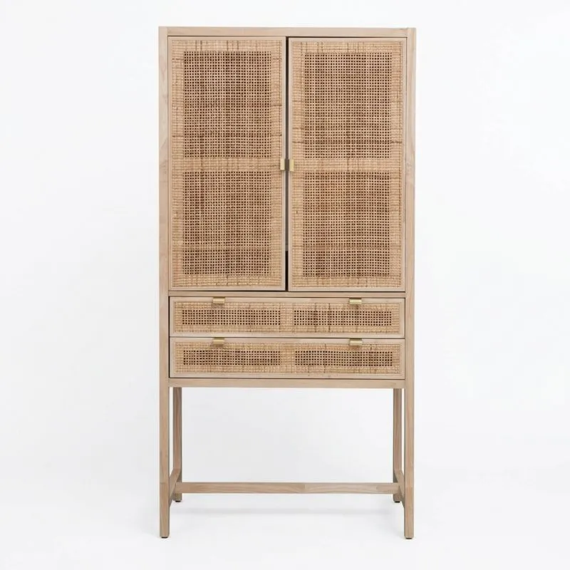 Schrank aus Rattan und Massivholz mit Massivholzrahmen und zwei Türen