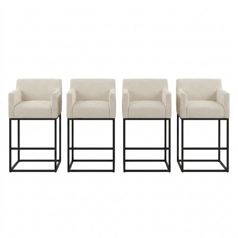 4-teiliges Barhocker-Set aus Stahl mit beigem Polyesterbezug