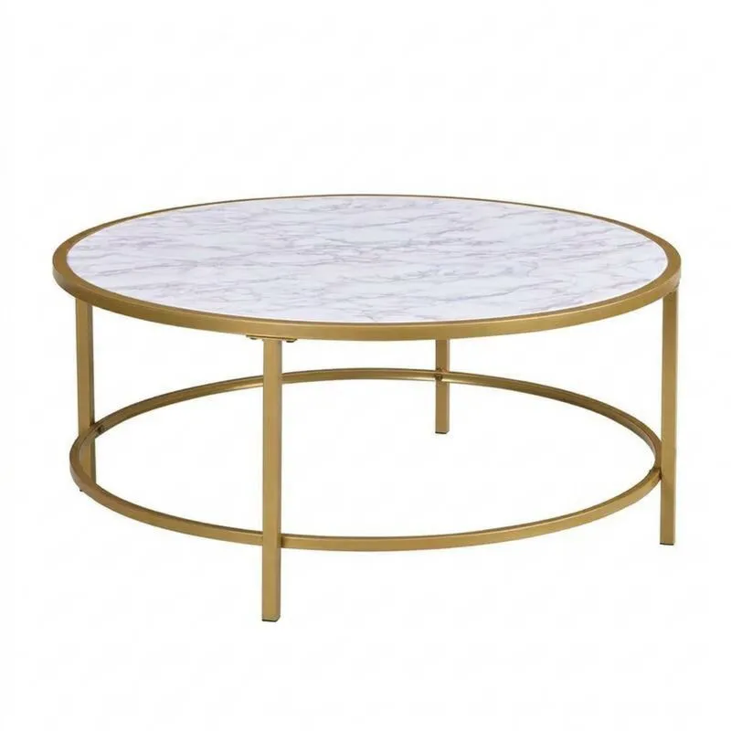 Runder Couchtisch mit Glasplatte, weiß und gold, mit Edelstahlgestell