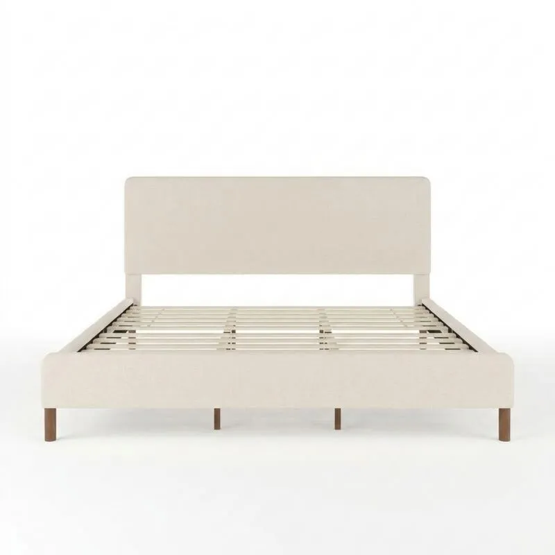 Bettgestell aus beigem Polyester und Massivholz