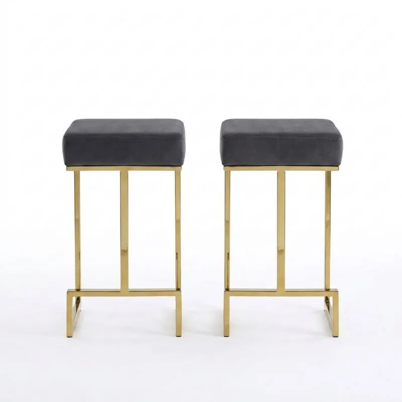 2er Set Hocker Samt Dunkelgrau mit Edelstahlgestell