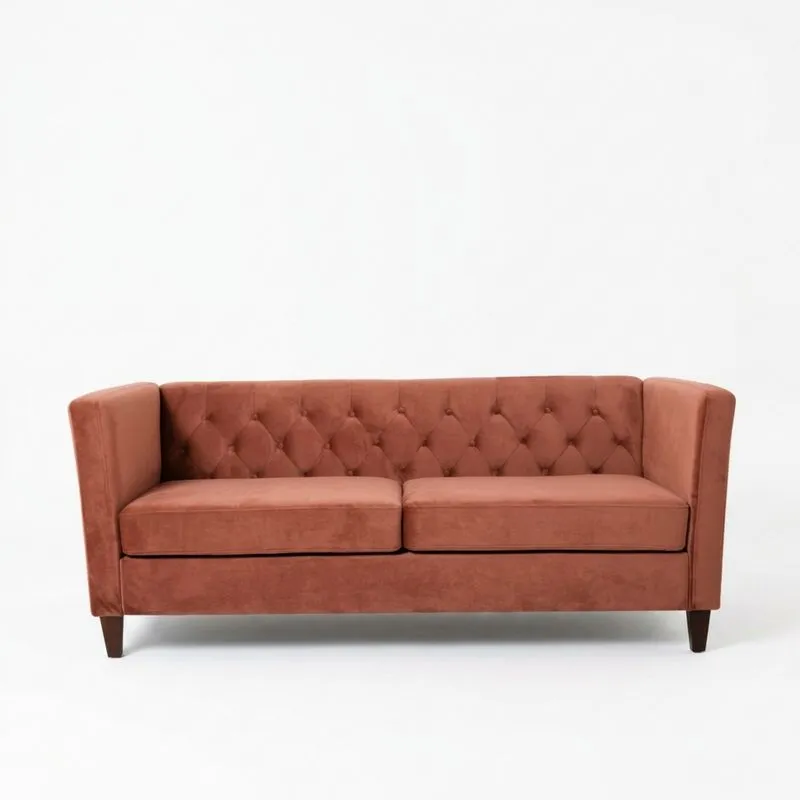 Dreisitzer-Sofa aus orangefarbenem Samt mit Beinen aus Massivholz
