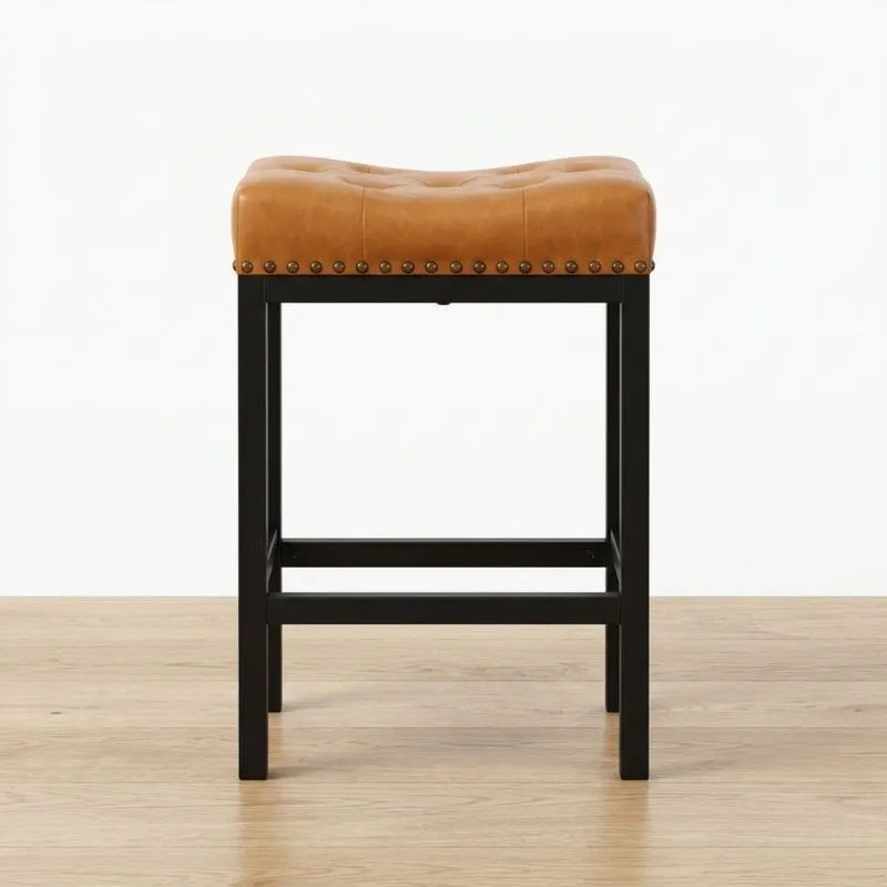 Barhocker aus Stahl mit braunem Sitz aus PU-Leder