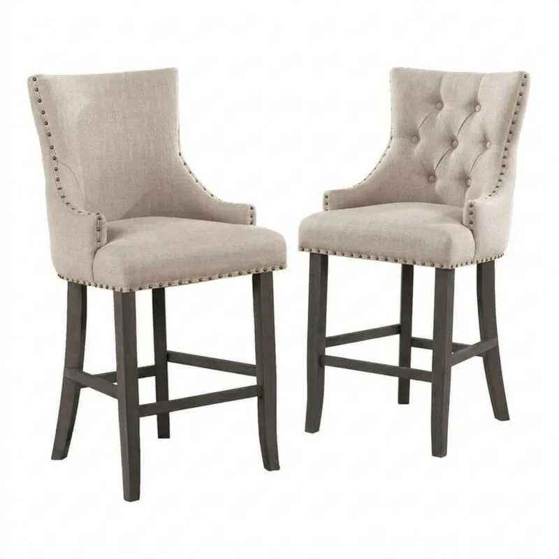2er-Set Barhocker in Leinen-Beige mit Gestellen aus Kautschukholz
