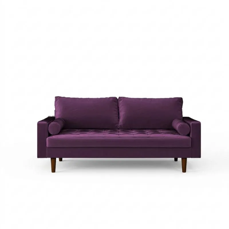 Lila Samtsofa mit Massivholzbeinen