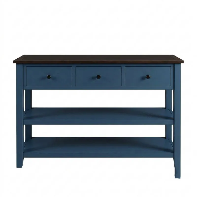 Konsole Tisch Massivholz Blau 3 Schubladen 2 Ablagen