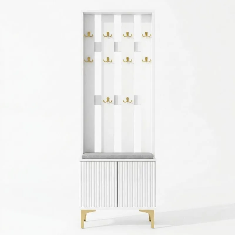 MDF-Garderobe mit Stahlhaken und grauem Kissen
