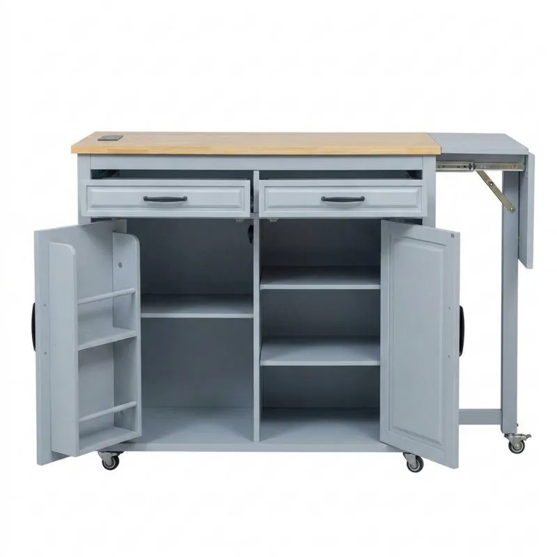 Kücheninselwagen, graues MDF mit Teakholzpaneelen