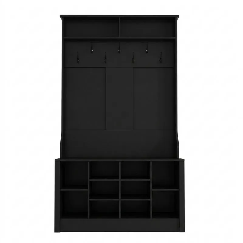 Schwarze Flurgarderobe mit Regalwand und Haken aus MDF