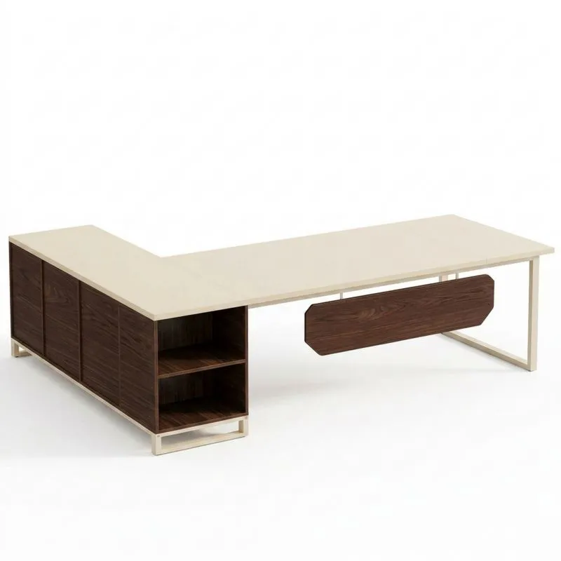 Beiger/dunkelbrauner L-förmiger Schreibtisch – MDF und Stahl
