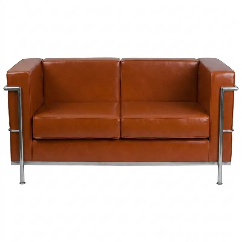 Braunes Zweisitzer-Sofa aus echtem Leder mit Edelstahlgestell