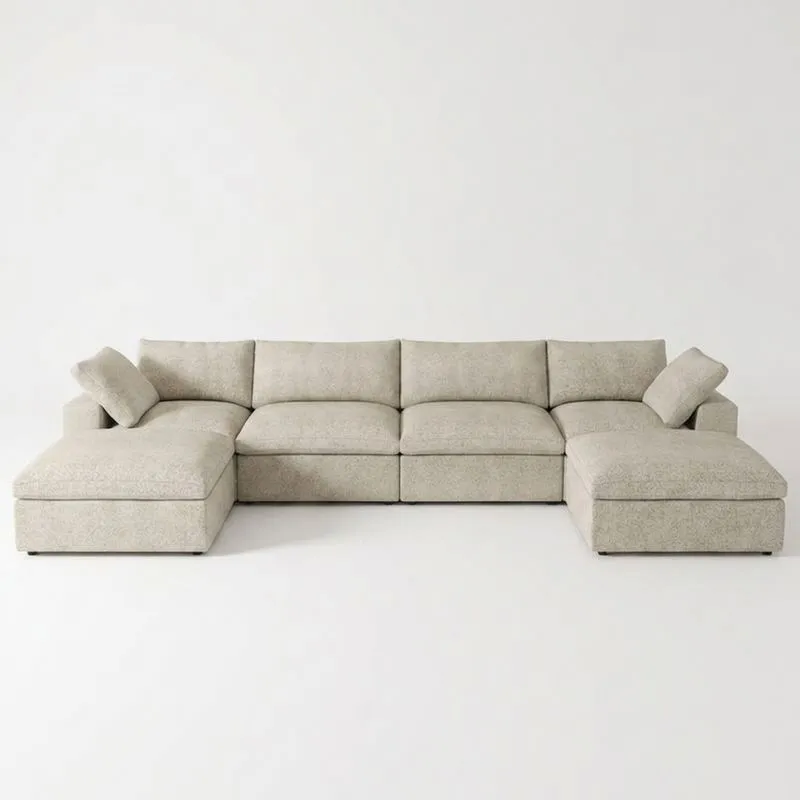 Modulares L-förmiges Sofa aus beigem Polyester-Baumwoll-Mischgewebe