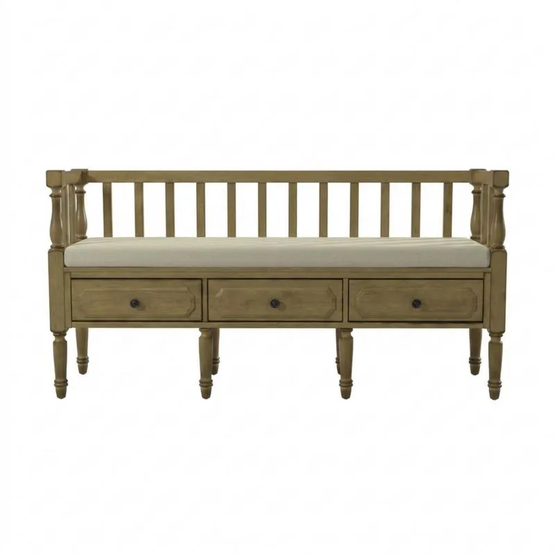 Bank aus Kiefernholz mit Polster und Schubladen Beige