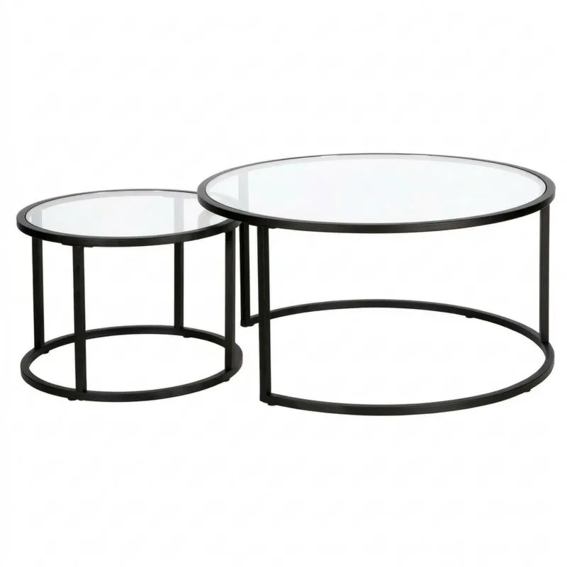 Rundes Couchtisch-Set mit Glasplatte und Eisenrahmen, Schwarz