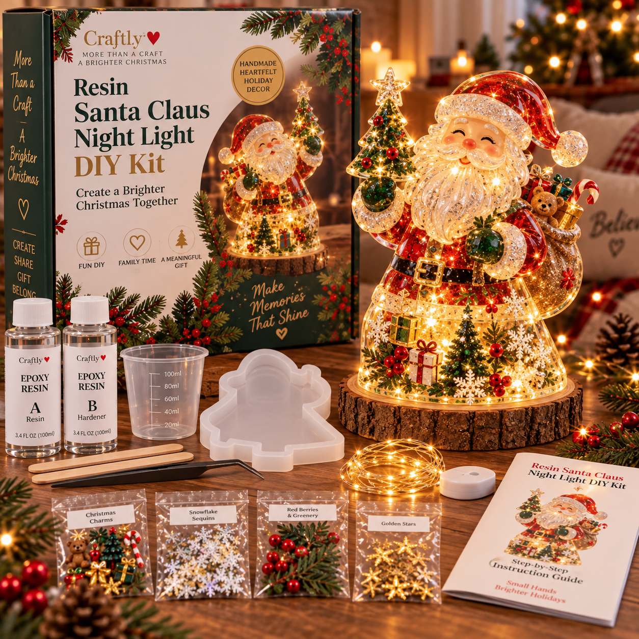 🎄 ✨ Last Day 70% OFF –Beginner-Friendly Resin Christmas Tree Night Light DIY Kit | Complete Kit with Mold, Resin, Fairy Lights & Festive Decorations ✨