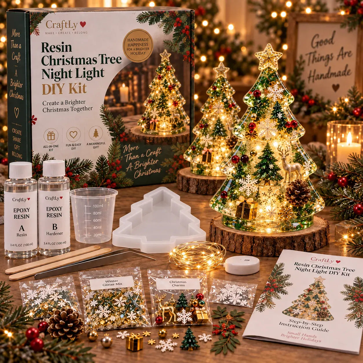 🎄 ✨ Last Day 70% OFF –Beginner-Friendly Resin Christmas Tree Night Light DIY Kit | Complete Kit with Mold, Resin, Fairy Lights & Festive Decorations ✨