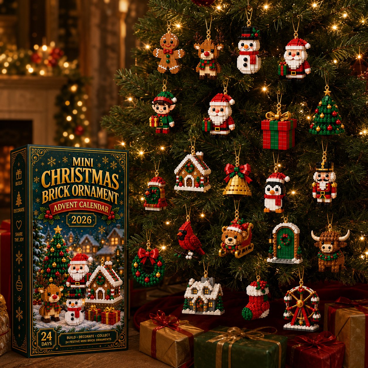 A growing collection of Christmas brick ornaments displayed on a tree