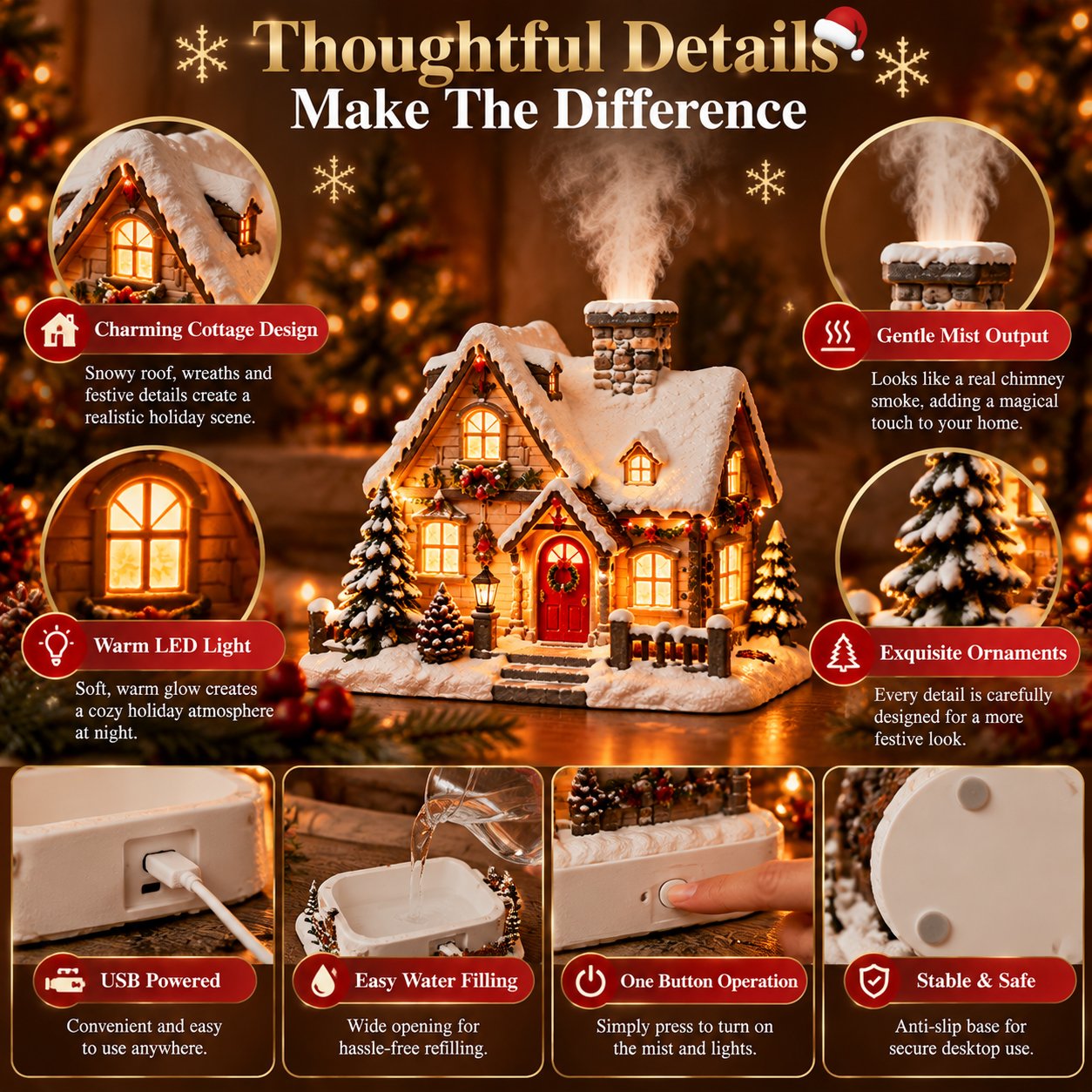 Christmas cottage humidifier details including USB power, water filling, button operation and base