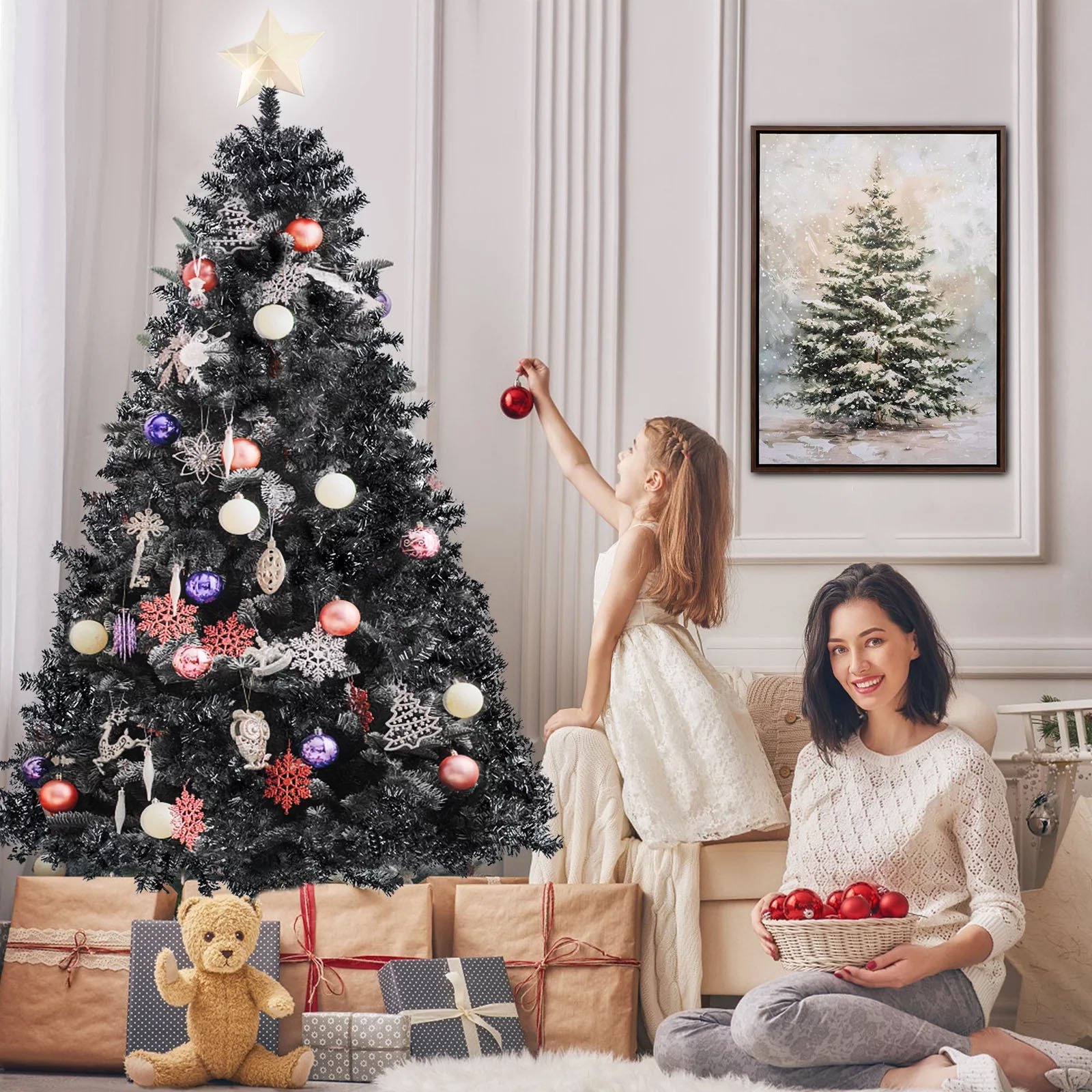 🎄✨Lighted Christmas Tree Wall Art – LED Snowy Tree Canvas Print with Wood Frame, Holiday Wall Decor,15.7in × 11.8in