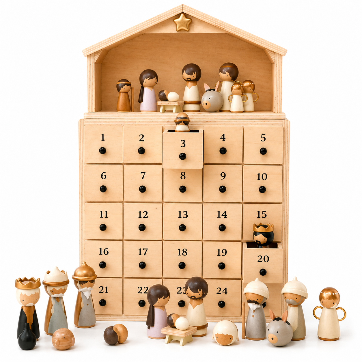 🔥100% Hand-Carved from Solid Wood – 24-Day Christmas Countdown with Nativity Figures