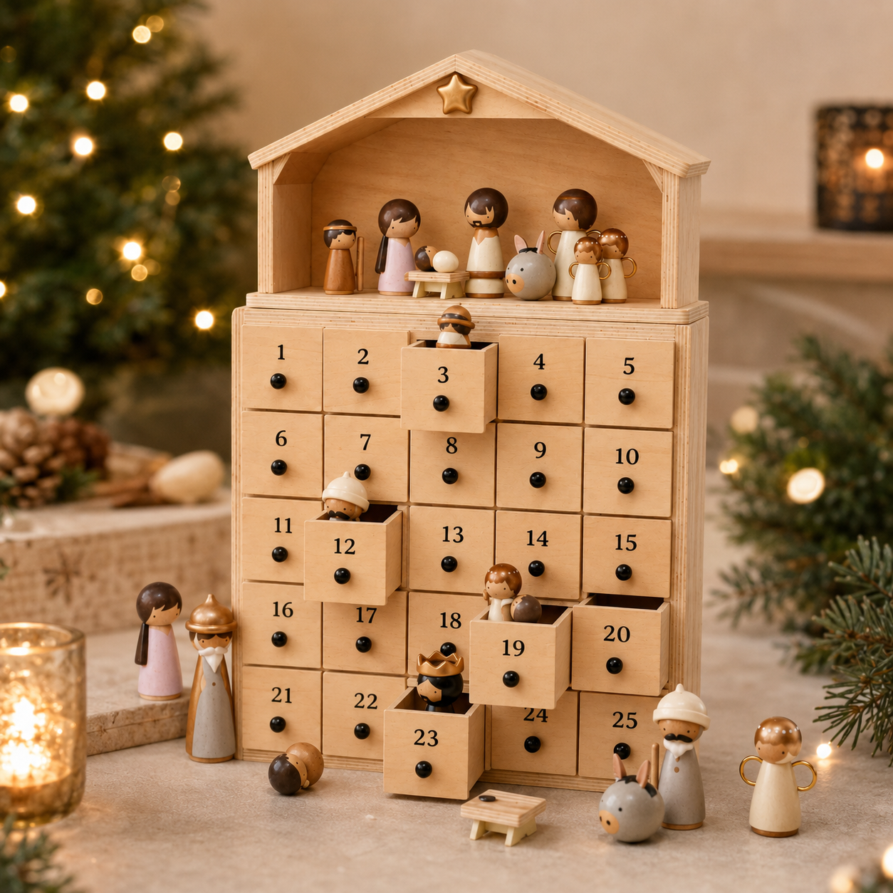 🔥100% Hand-Carved from Solid Wood – 24-Day Christmas Countdown with Nativity Figures
